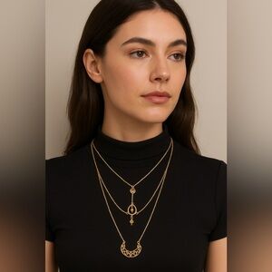 NWOT Art Deco Multistrand-Multi-Pendant Drop Necklace Gold-Tone